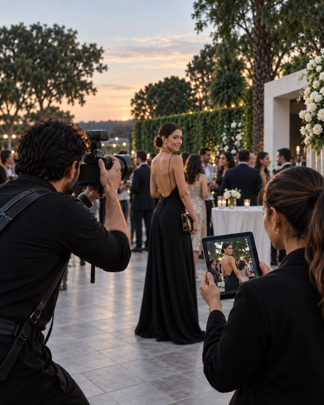 Photographer covering an event and an assistant reviewing a portrait on a tablet