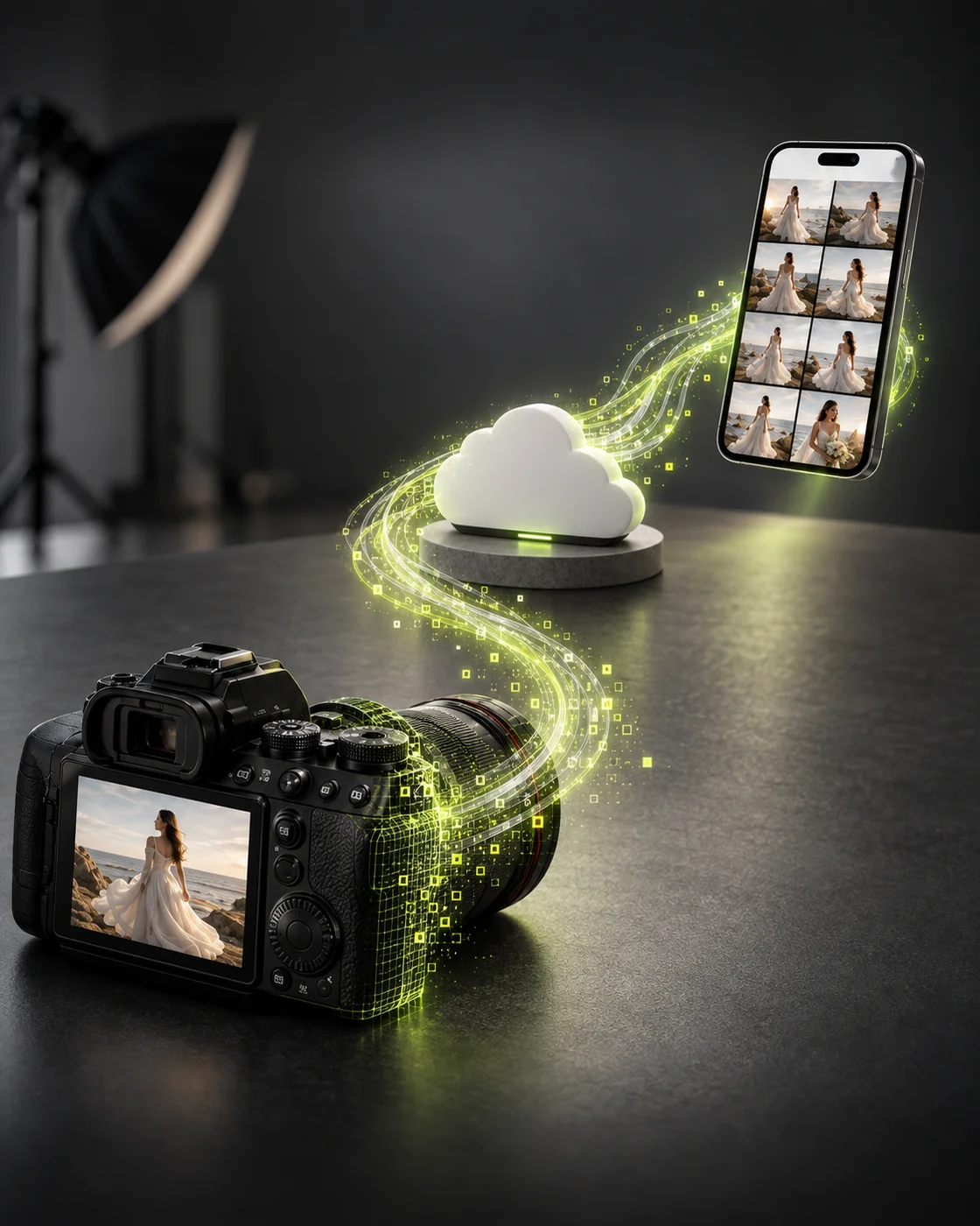 A camera transforming into data that passes through the cloud to a gallery on a phone